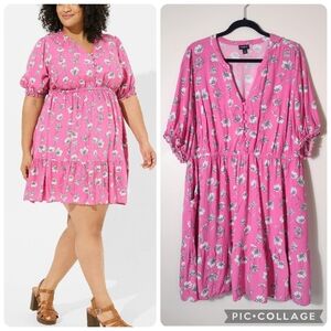Torrid Pink White Floral V-Neck Button Front Puff Sleeve Challis Mini Dress